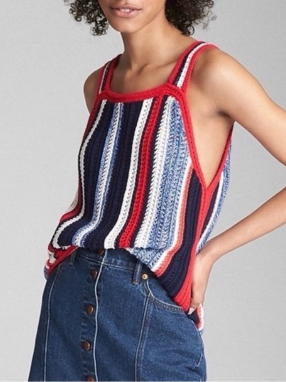 GAP Red, Navy & White Striped Crochet Tank